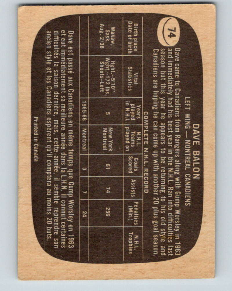 1966-67 Topps #74 Dave Balon Montreal Canadiens V694
