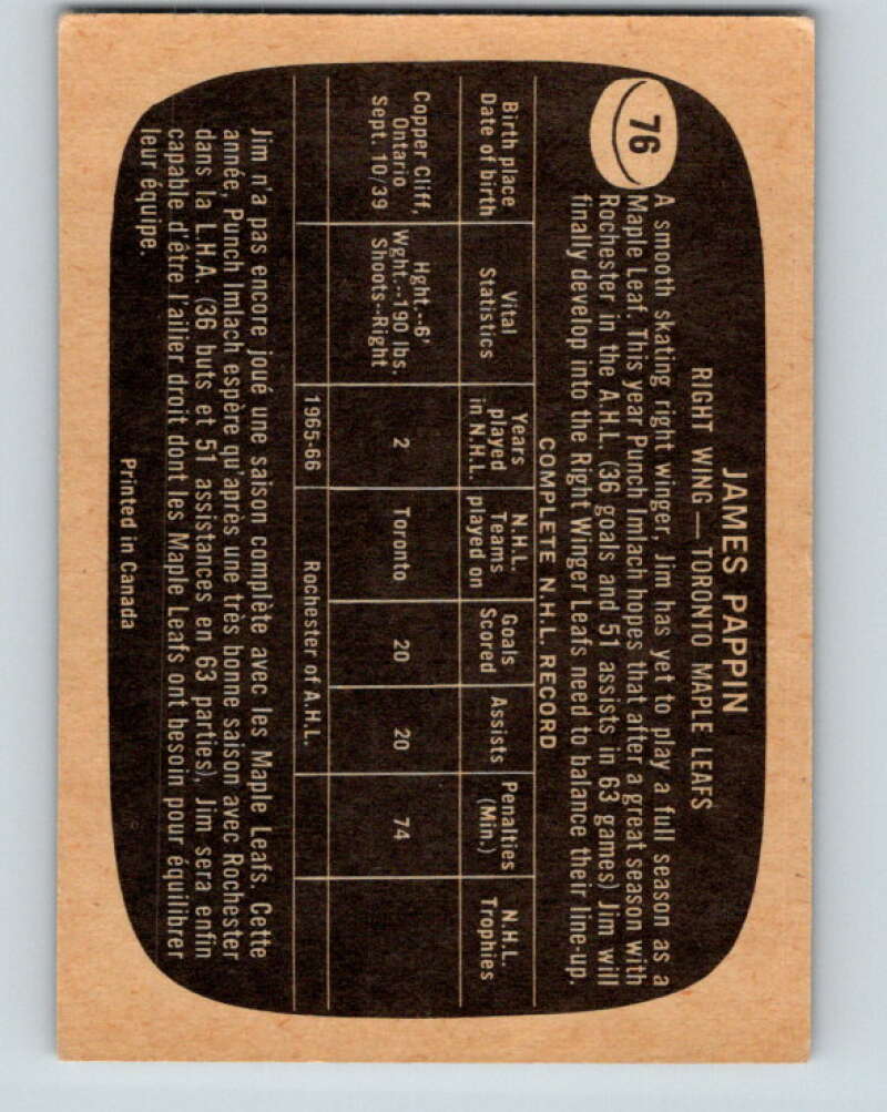 1966-67 Topps #76 Jim Pappin Toronto Maple Leafs V696
