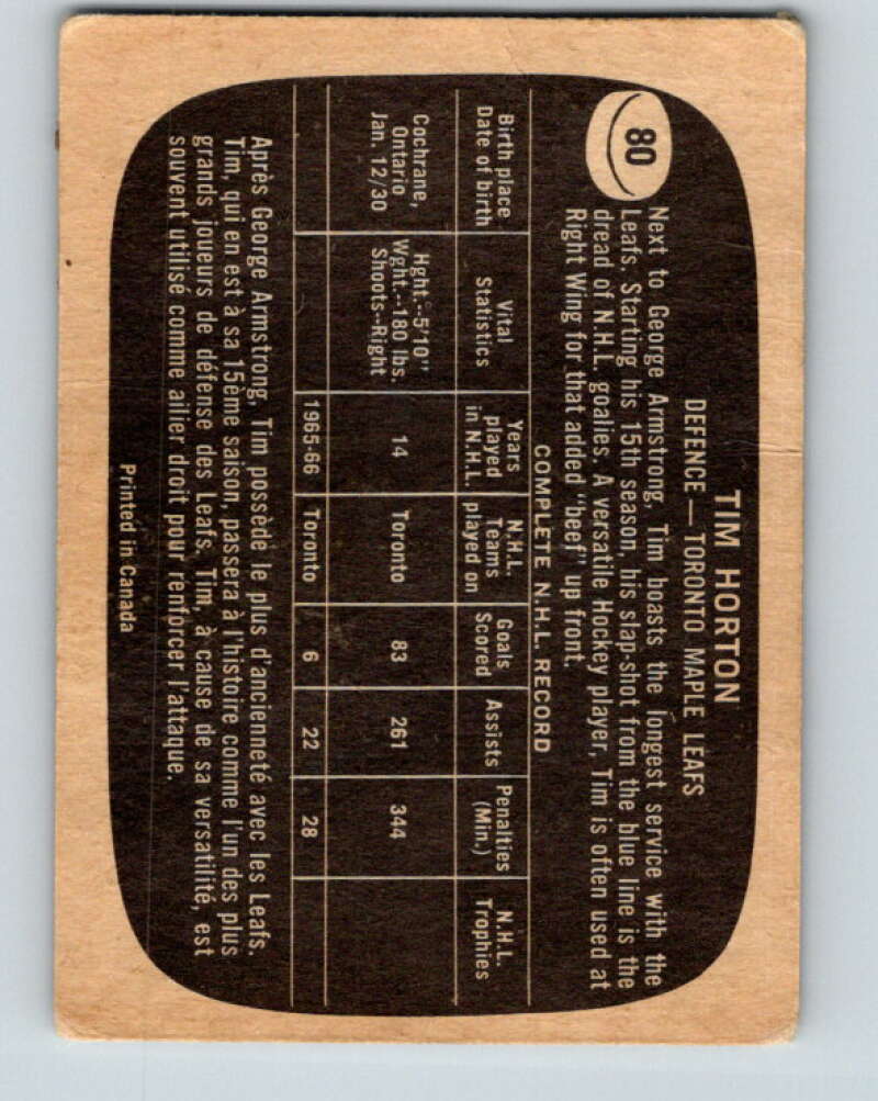 1966-67 Topps #80 Tim Horton Toronto Maple Leafs V699