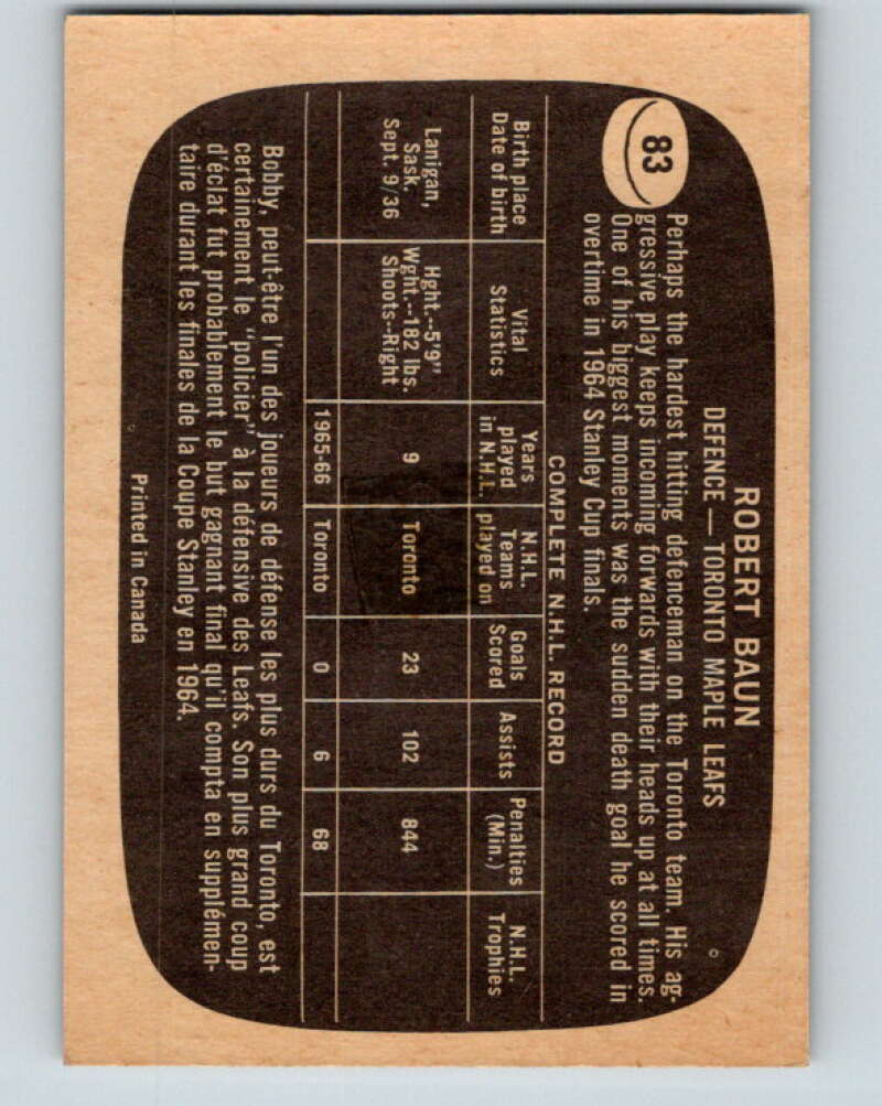 1966-67 Topps #83 Bob Baun Toronto Maple Leafs V702