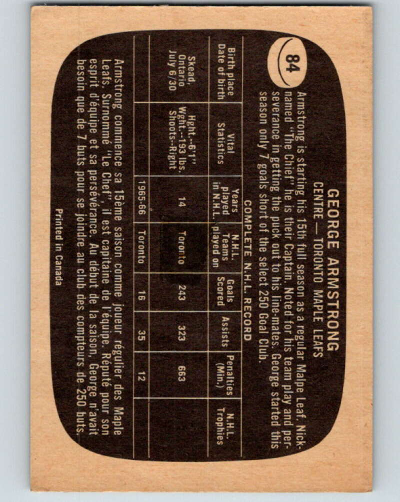 1966-67 Topps #84 George Armstrong Toronto Maple Leafs V703