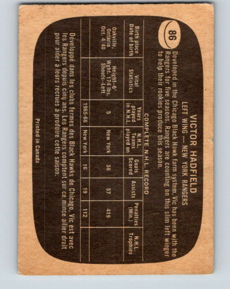 1966-67 Topps #86 Vic Hadfield New York Rangers V705