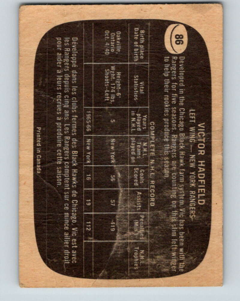 1966-67 Topps #86 Vic Hadfield New York Rangers V706