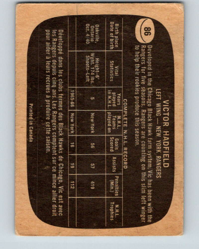 1966-67 Topps #86 Vic Hadfield New York Rangers V707