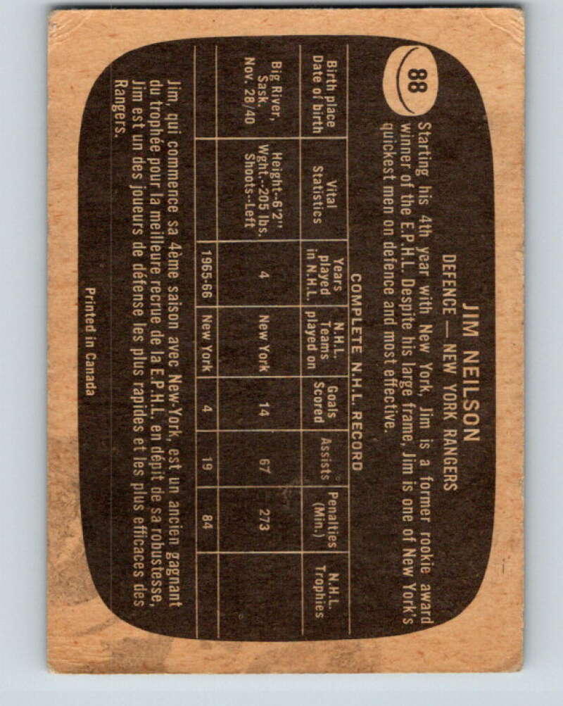 1966-67 Topps #88 Jim Neilson New York Rangers V709