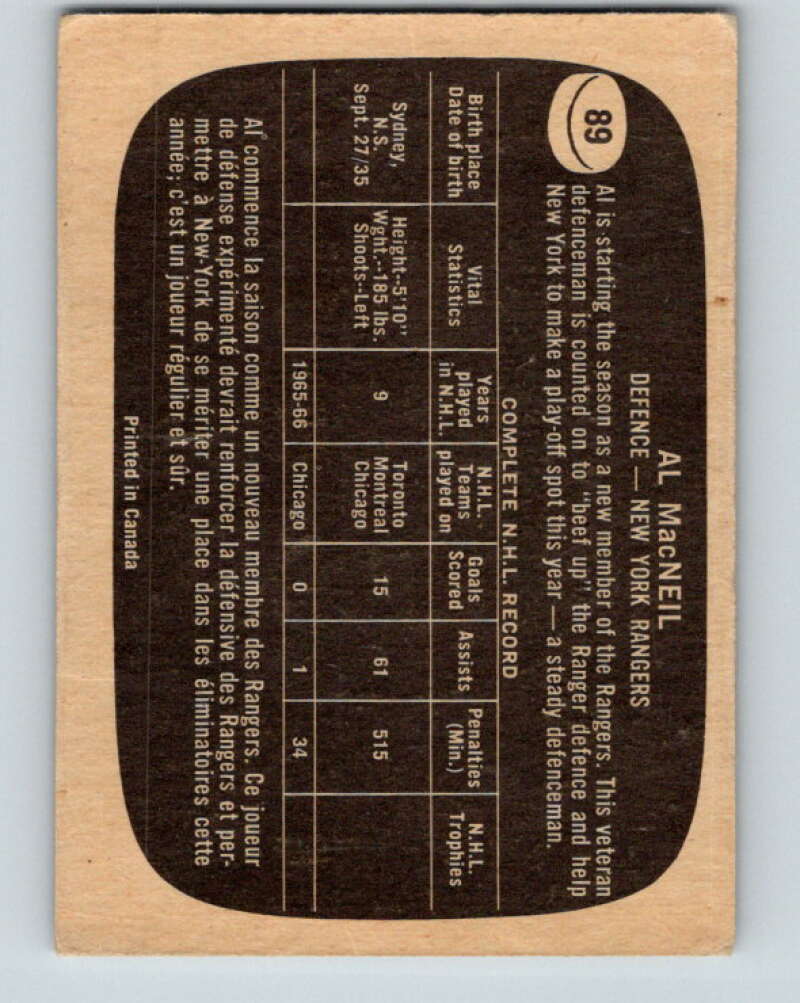 1966-67 Topps #89 Al MacNeil New York Rangers V710