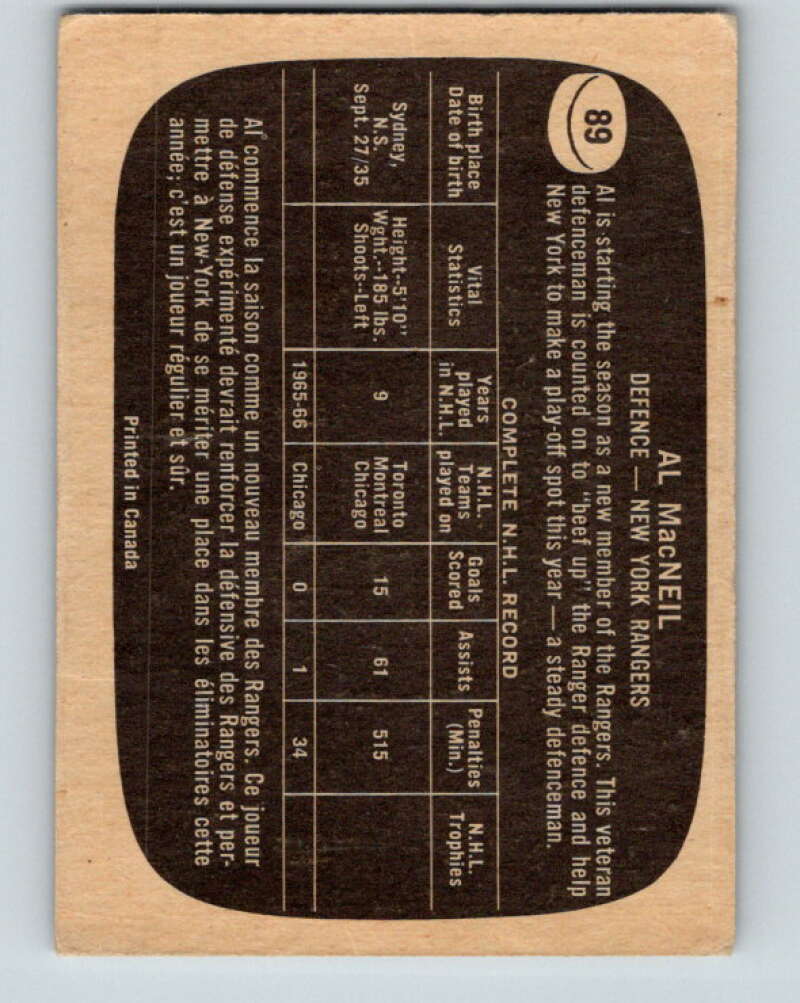 1966-67 Topps #89 Al MacNeil  New York Rangers  V710