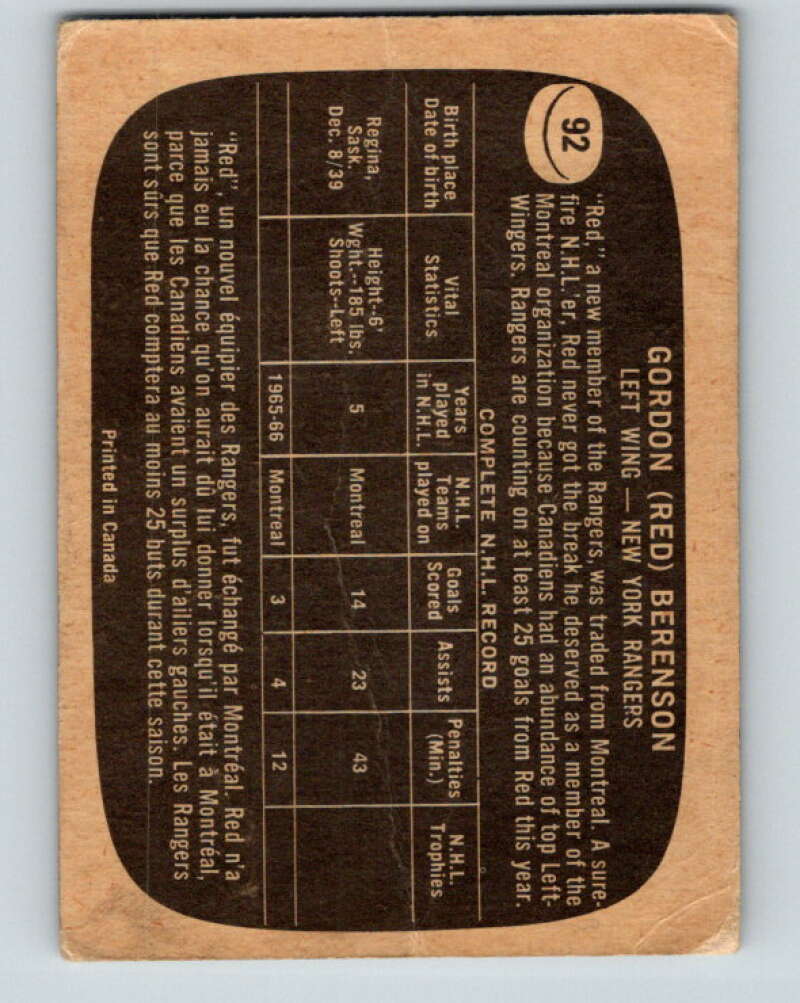 1966-67 Topps #92 Red Berenson New York Rangers V713