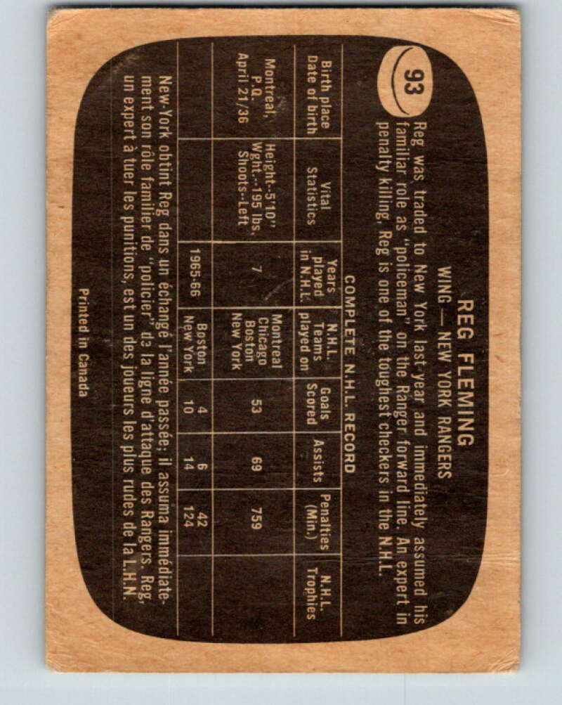 1966-67 Topps #93 Reg Fleming New York Rangers V714