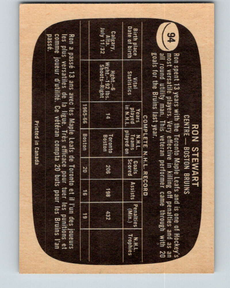 1966-67 Topps #94 Ron Stewart Boston Bruins V715