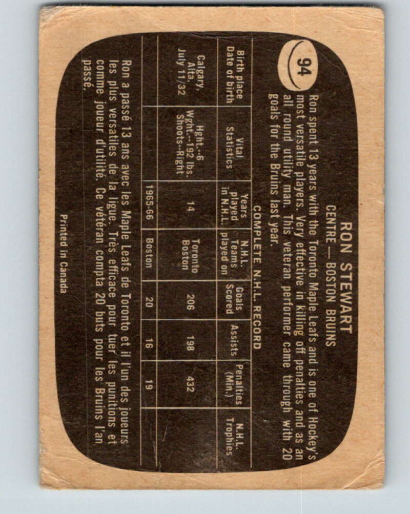 1966-67 Topps #94 Ron Stewart Boston Bruins V716