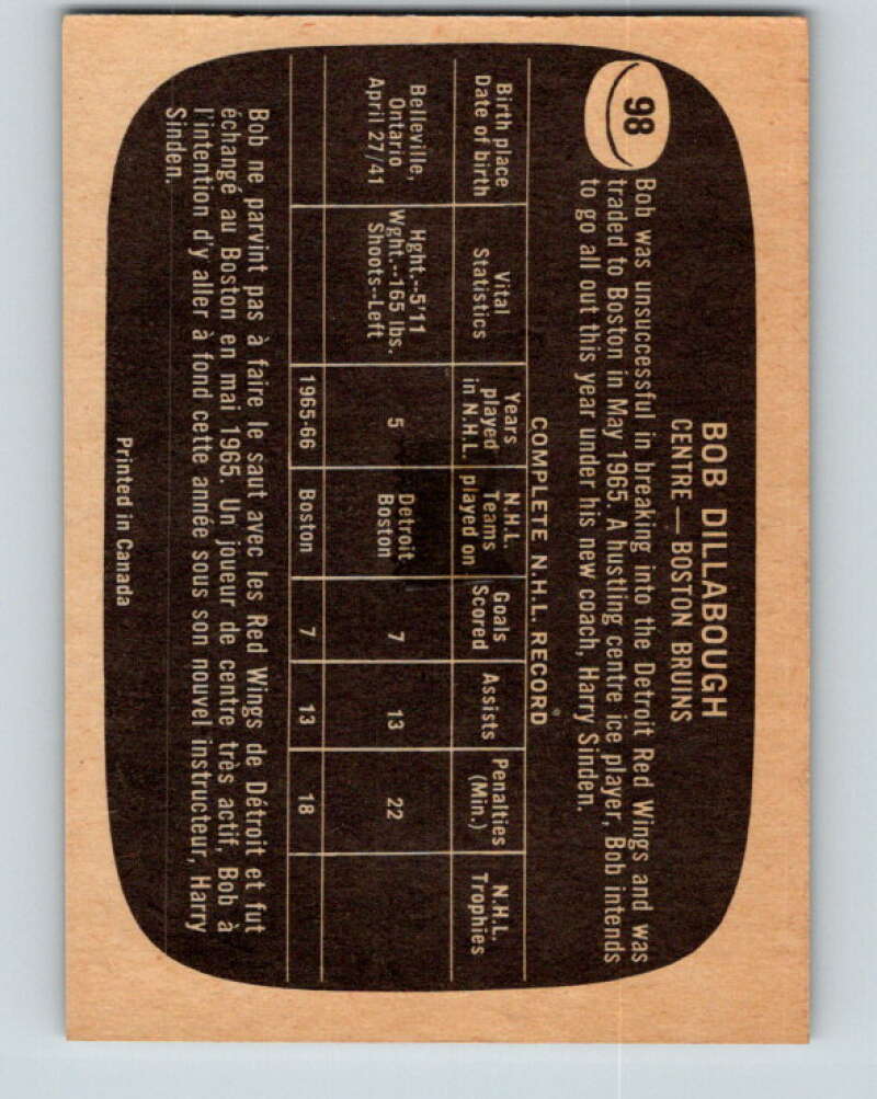 1966-67 Topps #98 Bob Dillabough Boston Bruins V720