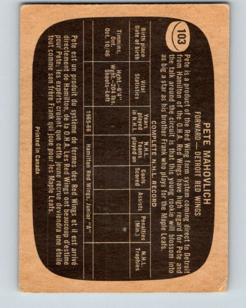 1966-67 Topps #103 Pete Mahovlich RC Rookie Detroit Red Wings V725