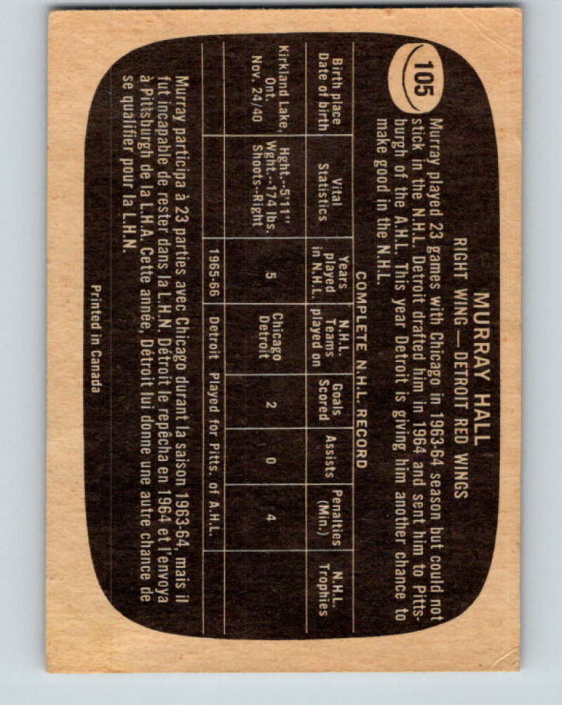 1966-67 Topps #105 Murray Hall Detroit Red Wings V727