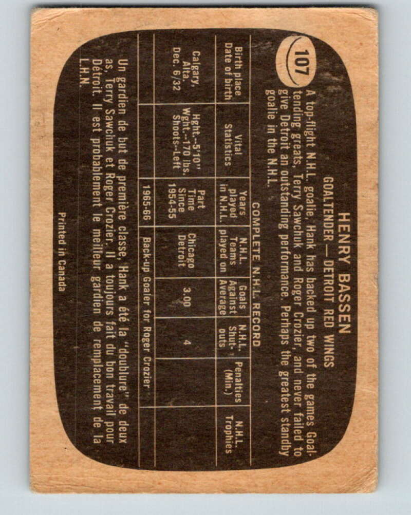 1966-67 Topps #107 Hank Bassen Detroit Red Wings V729