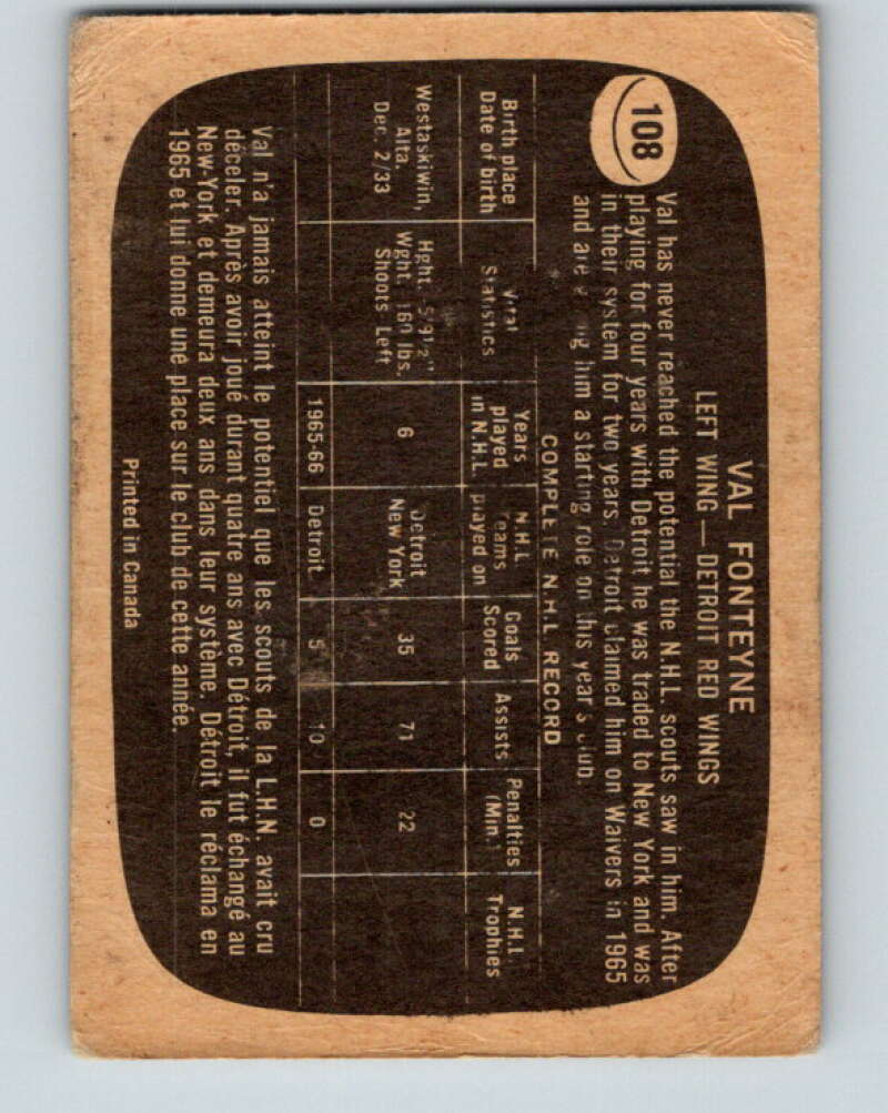 1966-67 Topps #108 Val Fonteyne Detroit Red Wings V730