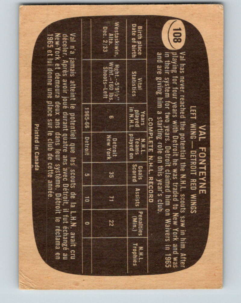 1966-67 Topps #108 Val Fonteyne Detroit Red Wings V731