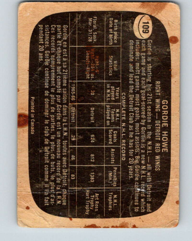1966-67 Topps #109 Gordie Howe Detroit Red Wings V732