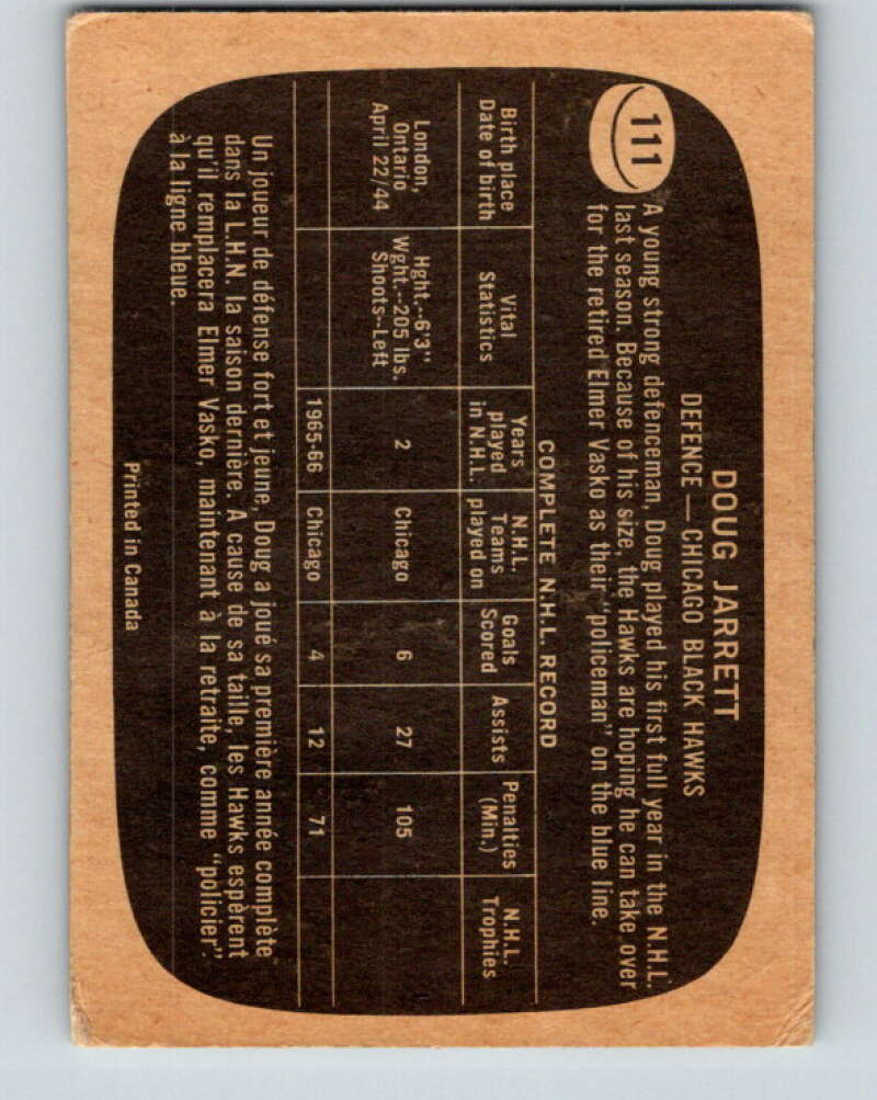 1966-67 Topps #111 Doug Jarrett RC Rookie Chicago Blackhawks V734