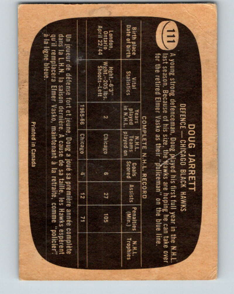 1966-67 Topps #111 Doug Jarrett RC Rookie Chicago Blackhawks V735