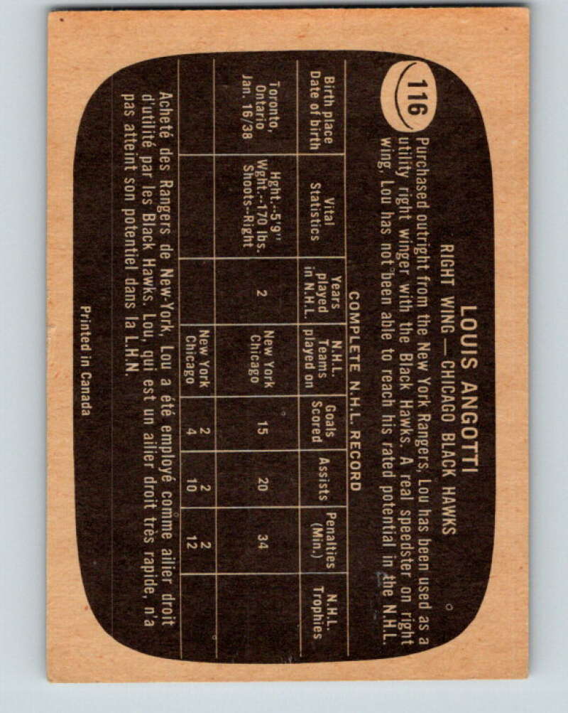 1966-67 Topps #116 Lou Angotti Chicago Blackhawks V739