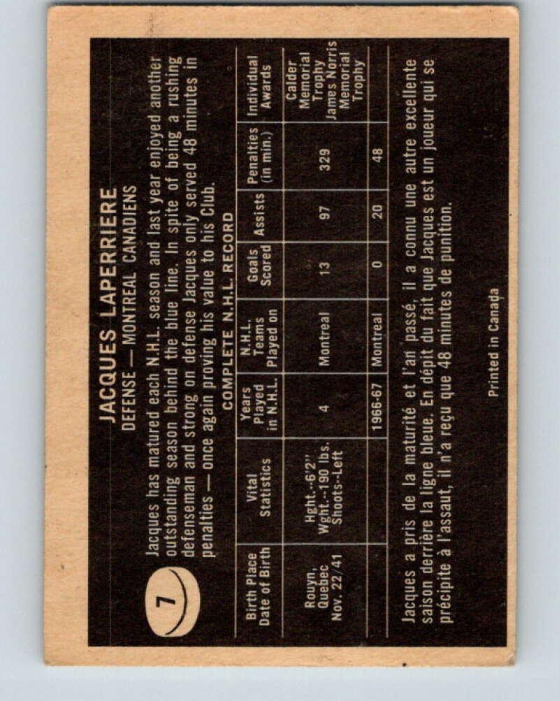 1967-68 Topps #7 Jacques Laperriere Montreal Canadiens V757
