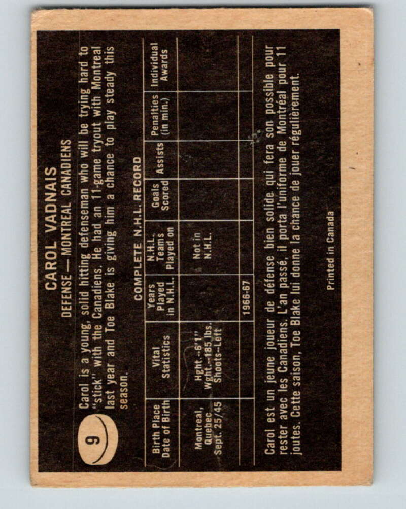 1967-68 Topps #9 Carol Vadnais RC Rookie Montreal Canadiens V759