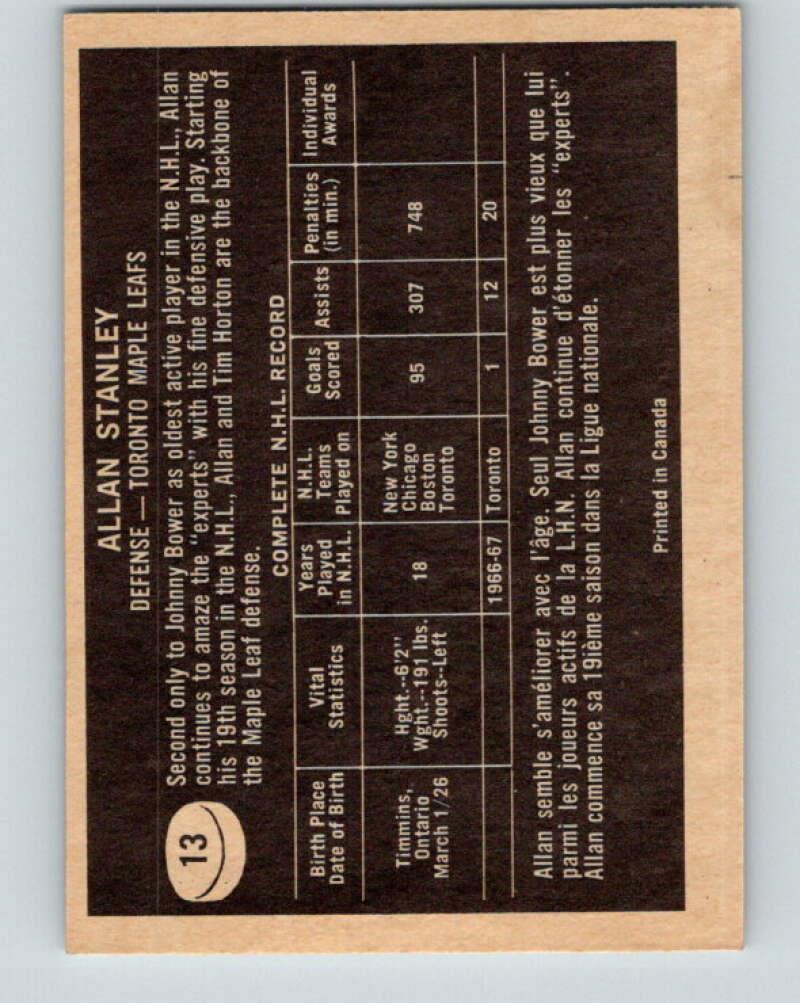 1967-68 Topps #13 Allan Stanley Toronto Maple Leafs V763