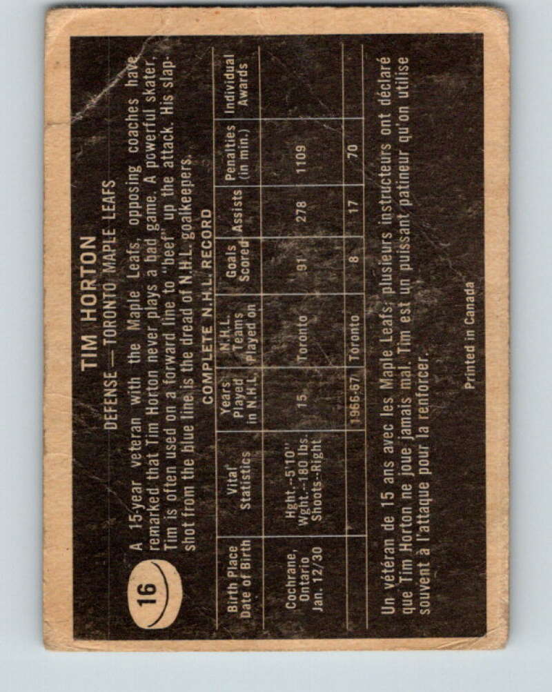 1967-68 Topps #16 Tim Horton Toronto Maple Leafs V766