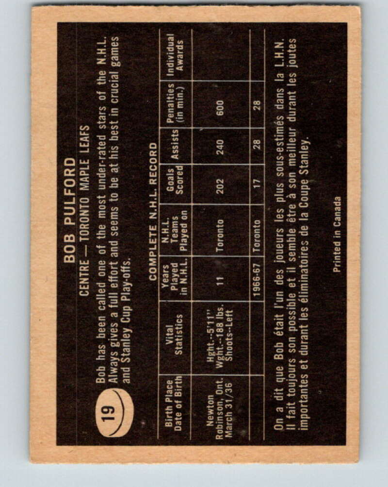 1967-68 Topps #19 Bob Pulford Toronto Maple Leafs V769