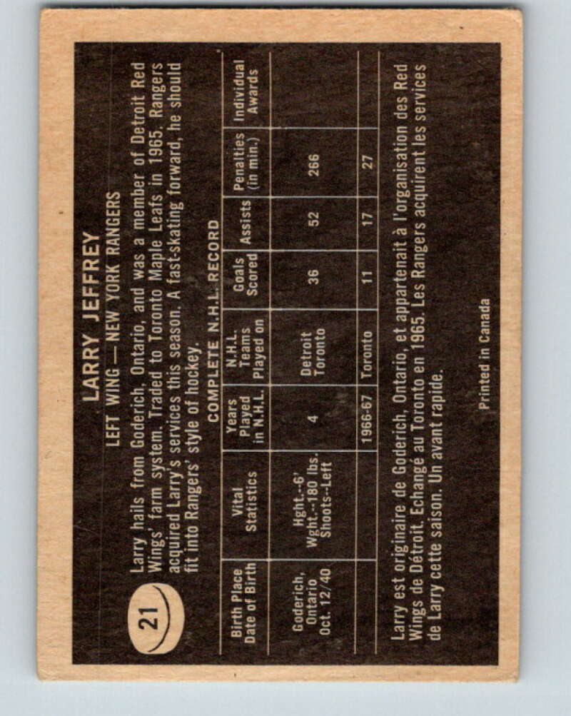 1967-68 Topps #21 Larry Jeffrey New York Rangers V771