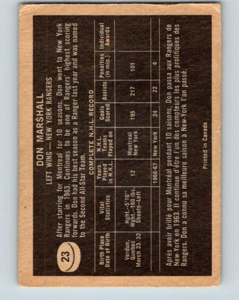 1967-68 Topps #23 Don Marshall New York Rangers V773