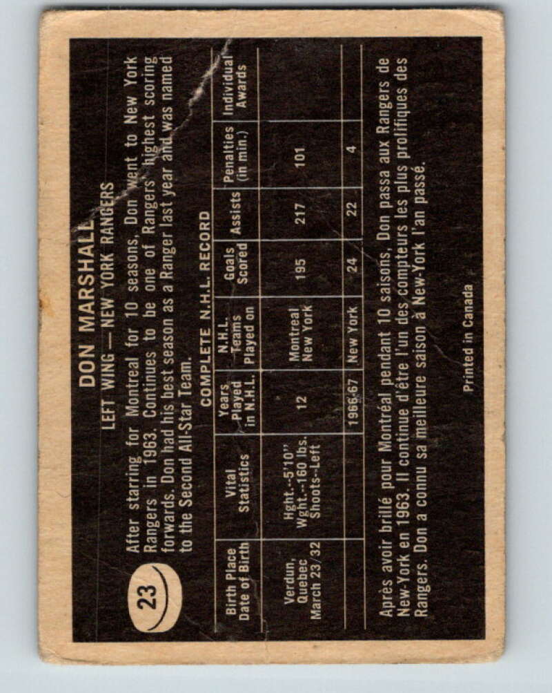 1967-68 Topps #23 Don Marshall New York Rangers V774