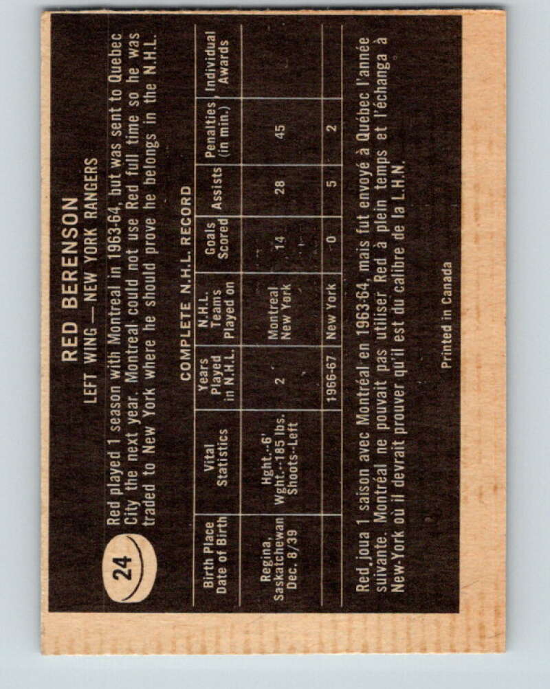 1967-68 Topps #24 Red Berenson New York Rangers V775