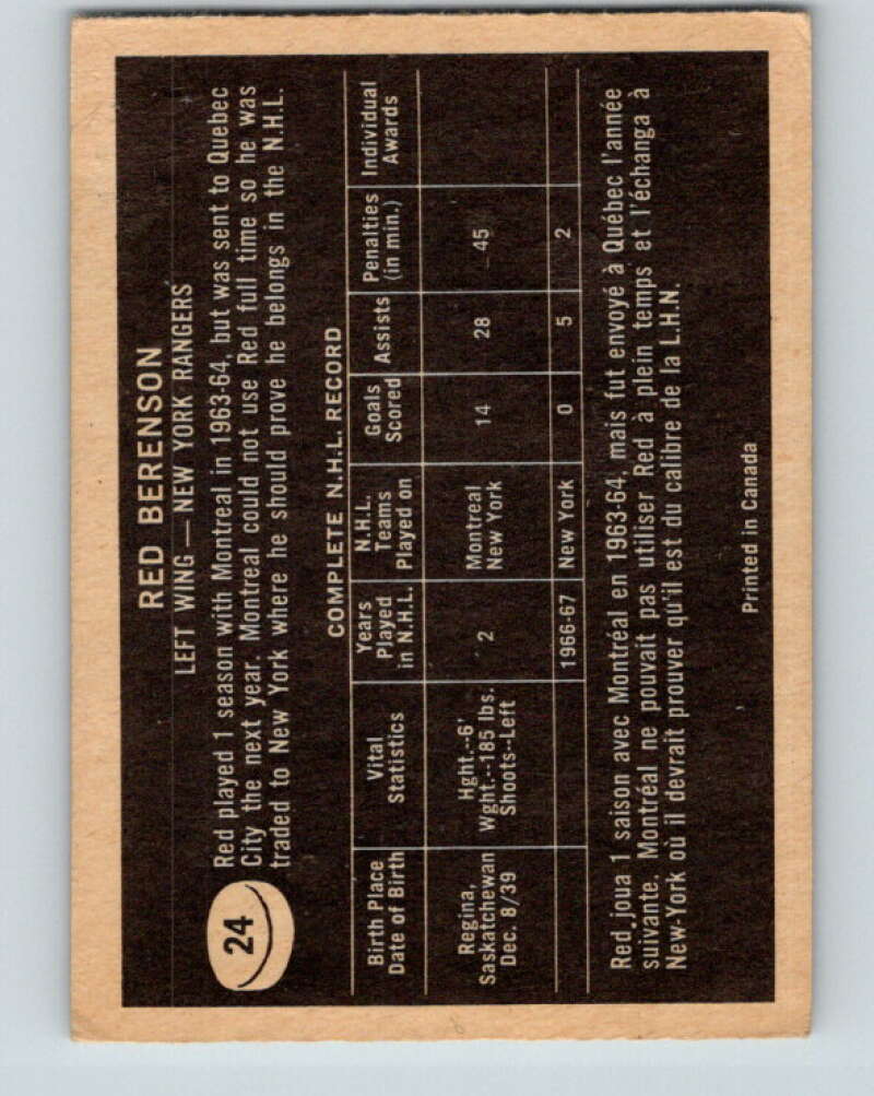 1967-68 Topps #24 Red Berenson New York Rangers V776