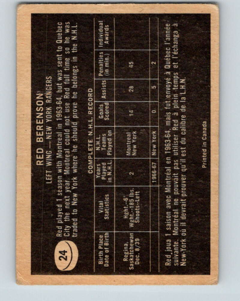 1967-68 Topps #24 Red Berenson New York Rangers V777