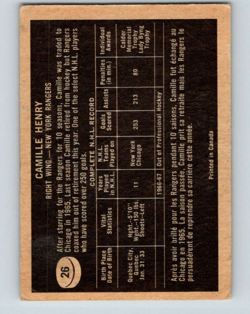 1967-68 Topps #26 Camille Henry New York Rangers V779
