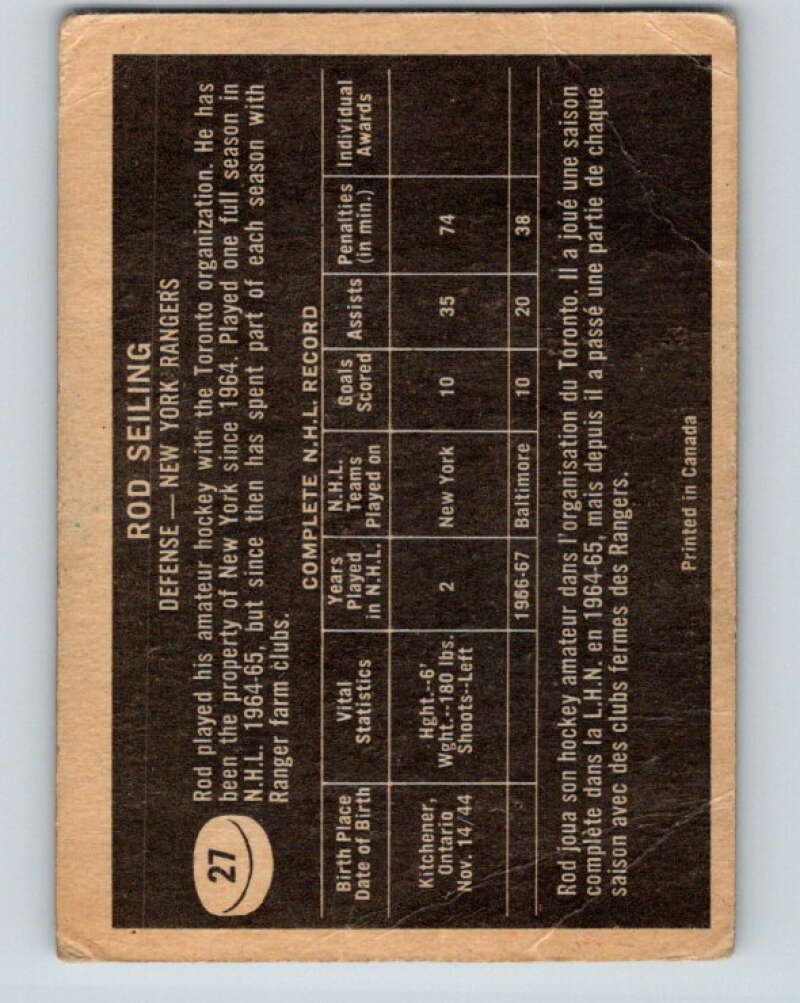 1967-68 Topps #27 Rod Seiling New York Rangers V780