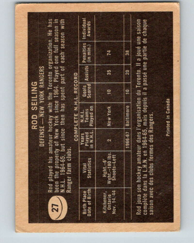 1967-68 Topps #27 Rod Seiling New York Rangers V781