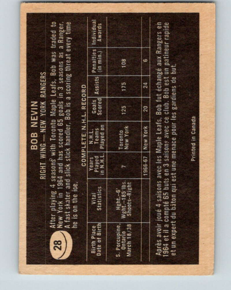 1967-68 Topps #28 Bob Nevin New York Rangers V782