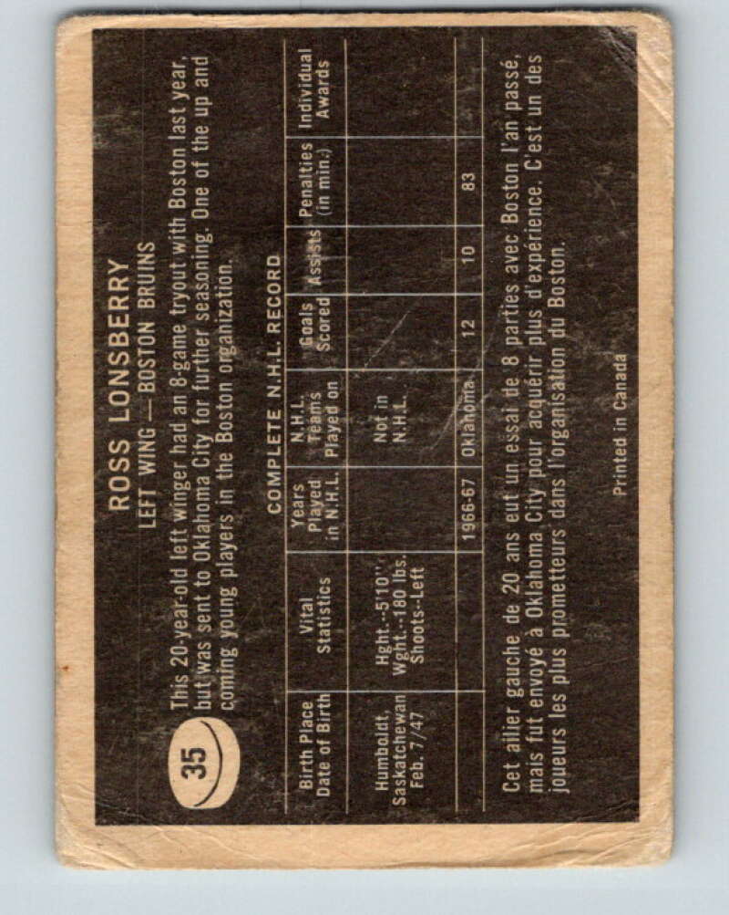 1967-68 Topps #35 Ross Lonsberry RC Rookie Boston Bruins V787