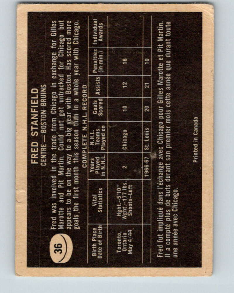 1967-68 Topps #36 Fred Stanfield Boston Bruins V788