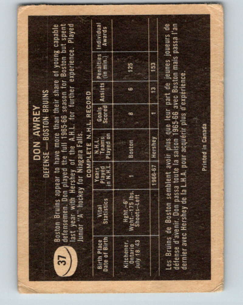 1967-68 Topps #37 Don Awrey UER Boston Bruins V789