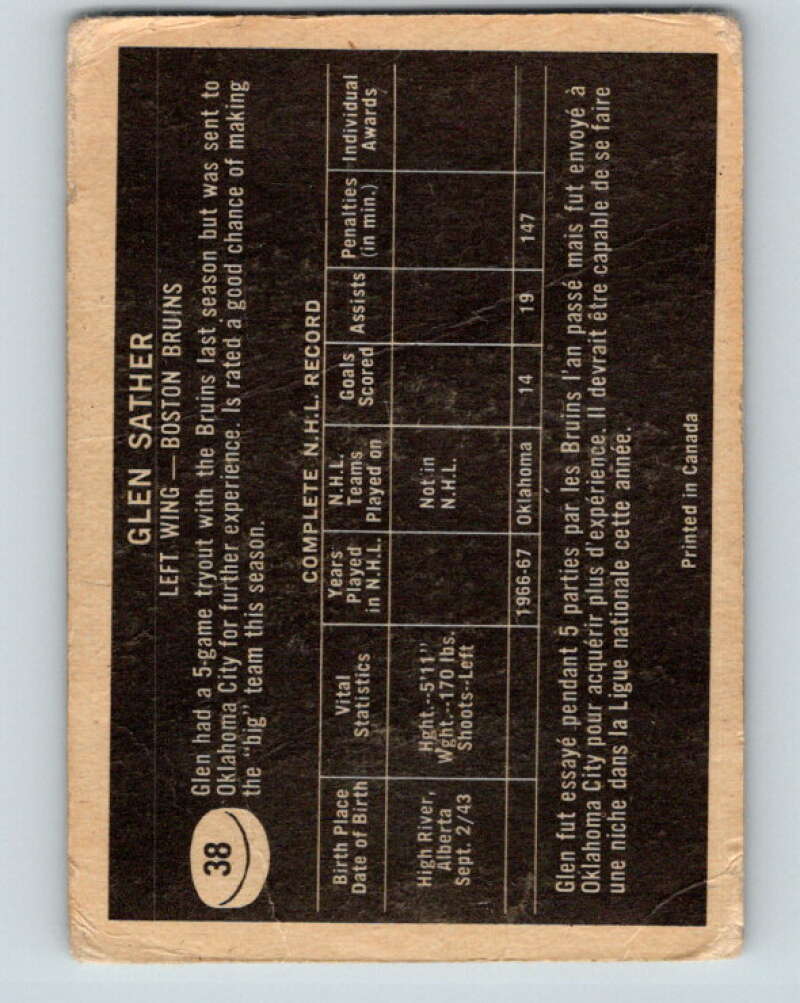 1967-68 Topps #38 Glen Sather RC Rookie Boston Bruins V790