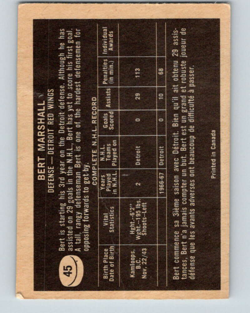 1967-68 Topps #45 Bert Marshall Detroit Red Wings V798