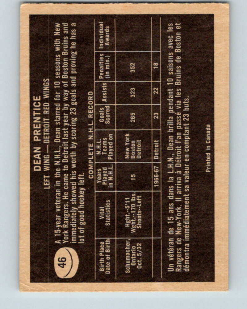 1967-68 Topps #46 Dean Prentice Detroit Red Wings V800