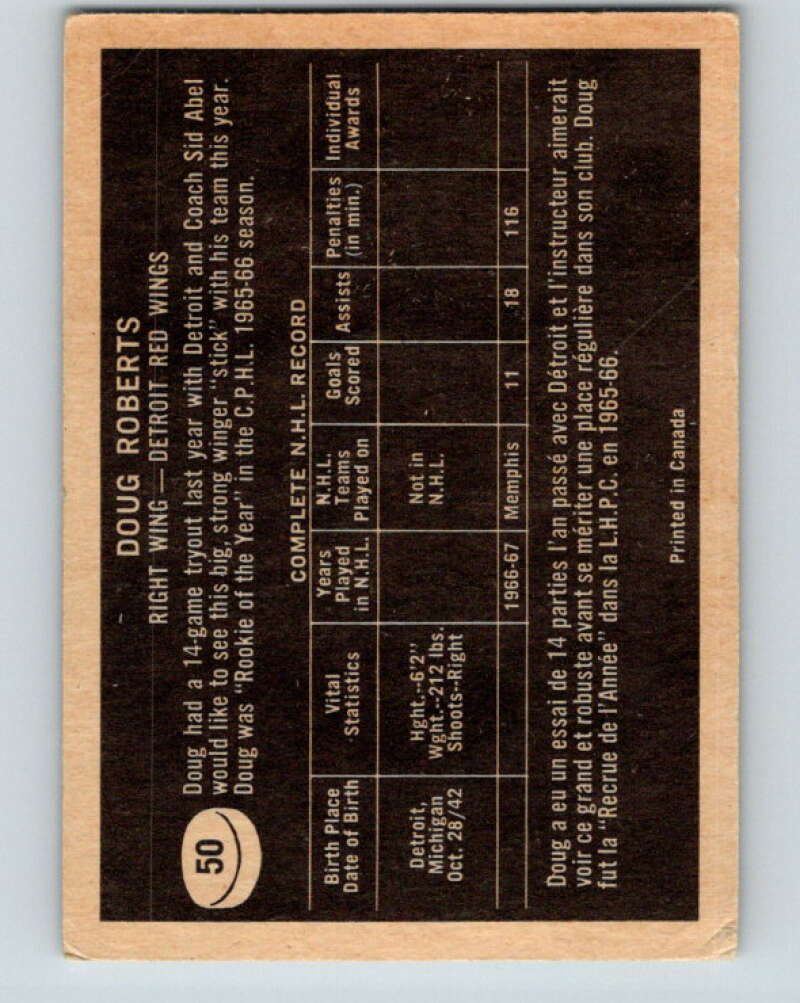 1967-68 Topps #50 Doug Roberts RC Rookie Detroit Red Wings V806