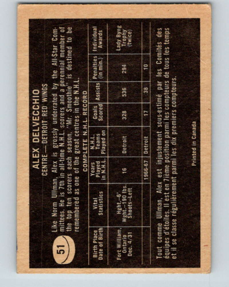 1967-68 Topps #51 Alex Delvecchio Detroit Red Wings V807