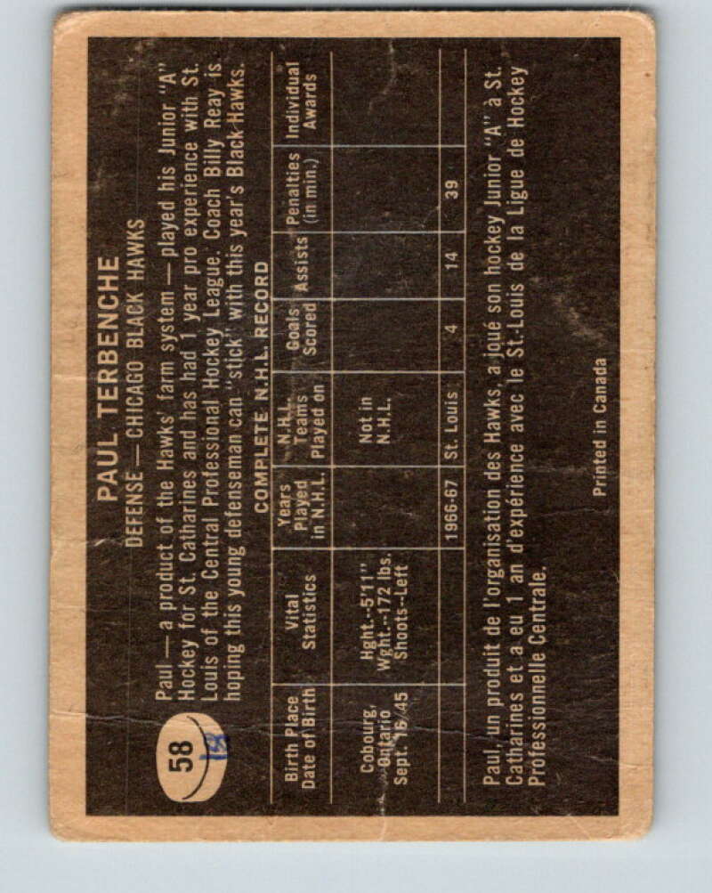 1967-68 Topps #58 Paul Terbenche RC Rookie Chicago Blackhawks V814