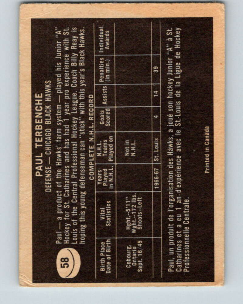 1967-68 Topps #58 Paul Terbenche RC Rookie Chicago Blackhawks V815